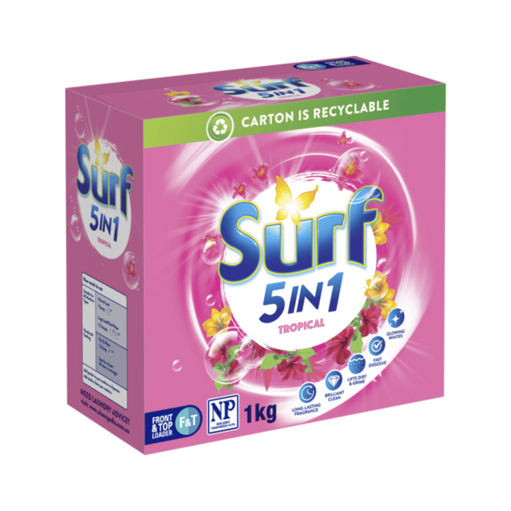Surf 5 in 1 Tropical 1kg Laundry Powder | Auckland Grocery Delivery Get Surf 5 in 1 Tropical 1kg Laundry Powder delivered to your doorstep by your local Auckland grocery delivery. Shop Paddock To Pantry. Convenient online food shopping in NZ | Grocery Delivery Auckland | Grocery Delivery Nationwide | Fruit Baskets NZ | Online Food Shopping NZ Surf 5 in 1 Tropical 1kg Laundry Powder 1kg Prepare to be swept away in this floral paradise of Ylang Ylang and Tropical Lily. The perfect laundry powder.