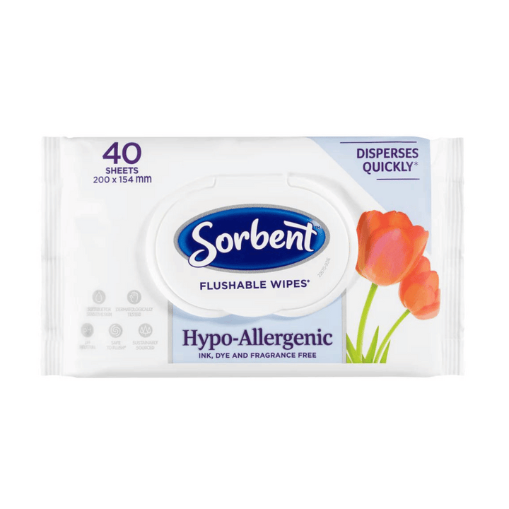 Sorbent Hypo-Allergenic Flushable Wipes 40 pack | Auckland Grocery Delivery Get Sorbent Hypo-Allergenic Flushable Wipes 40 pack delivered to your doorstep by your local Auckland grocery delivery. Shop Paddock To Pantry. Convenient online food shopping in NZ | Grocery Delivery Auckland | Grocery Delivery Nationwide | Fruit Baskets NZ | Online Food Shopping NZ Sorbent Hypo-Allergenic Flushable Wipes 40 pack. For sensitive skin, sorbent wipes are the perfect household essential from Paddock to Pantry.