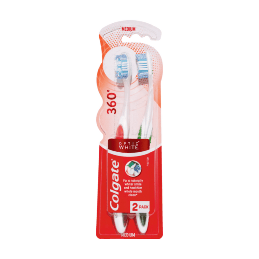 Colgate Optic White 360 Toothbrush Medium - 2pk | Auckland Grocery Delivery Get Colgate Optic White 360 Toothbrush Medium - 2pk delivered to your doorstep by your local Auckland grocery delivery. Shop Paddock To Pantry. Convenient online food shopping in NZ | Grocery Delivery Auckland | Grocery Delivery Nationwide | Fruit Baskets NZ | Online Food Shopping NZ Colgate 360 toothbrush 2pk is designed with stain removers and a cheek and tongue cleaner for a naturally whiter smile and healthier whole mouth clean