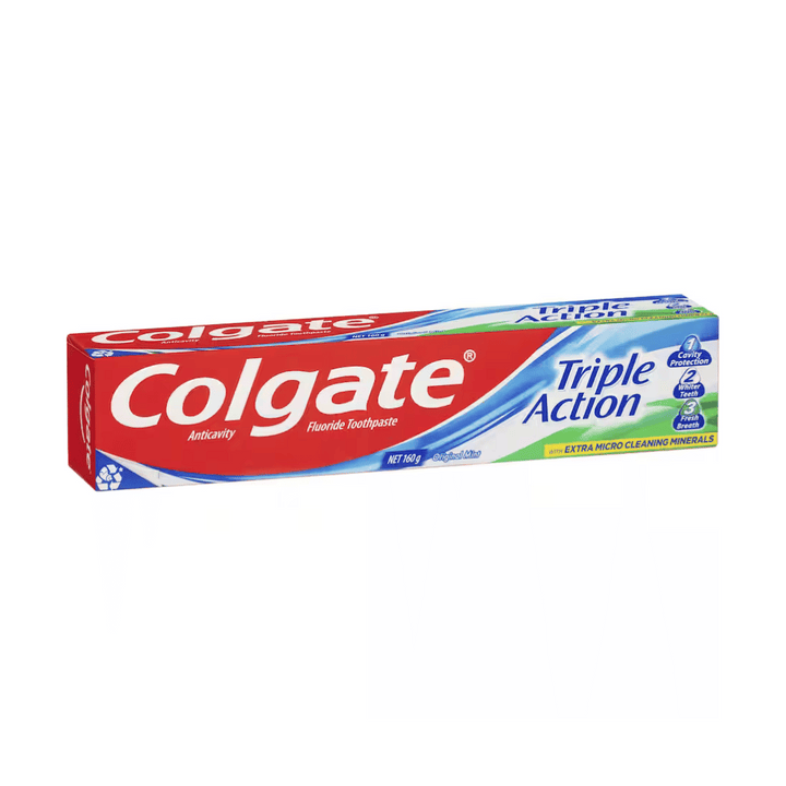 Colgate Toothpaste Triple Action 160g | Auckland Grocery Delivery Get Colgate Toothpaste Triple Action 160g delivered to your doorstep by your local Auckland grocery delivery. Shop Paddock To Pantry. Convenient online food shopping in NZ | Grocery Delivery Auckland | Grocery Delivery Nationwide | Fruit Baskets NZ | Online Food Shopping NZ Colgate Toothpaste Triple Action 160g. Stay fresh with newly formulated Colgate toothpaste delivered nationwide with Paddock to Pantry.