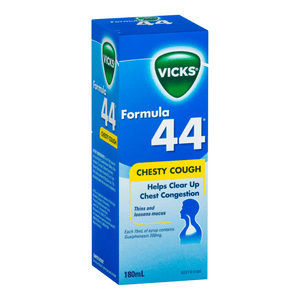 Vicks Formula 44 180ml | Auckland Grocery Delivery Get Vicks Formula 44 180ml delivered to your doorstep by your local Auckland grocery delivery. Shop Paddock To Pantry. Convenient online food shopping in NZ | Grocery Delivery Auckland | Grocery Delivery Nationwide | Fruit Baskets NZ | Online Food Shopping NZ Vicks Formula 44 for chesty or wet coughs containing Guaiphenesin, an expectorant, relieves chest congestion which may be associated with colds and influenza.