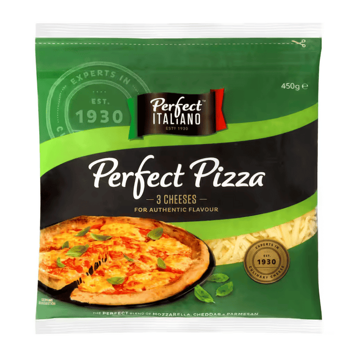 Prefect Pizza Cheese 450g | Auckland Grocery Delivery Get Prefect Pizza Cheese 450g delivered to your doorstep by your local Auckland grocery delivery. Shop Paddock To Pantry. Convenient online food shopping in NZ | Grocery Delivery Auckland | Grocery Delivery Nationwide | Fruit Baskets NZ | Online Food Shopping NZ Perfect Pizza Cheese 450g A convenient and unique blend of Mozzarella, Cheddar, and Parmesan. Perfect Italiano Pizza