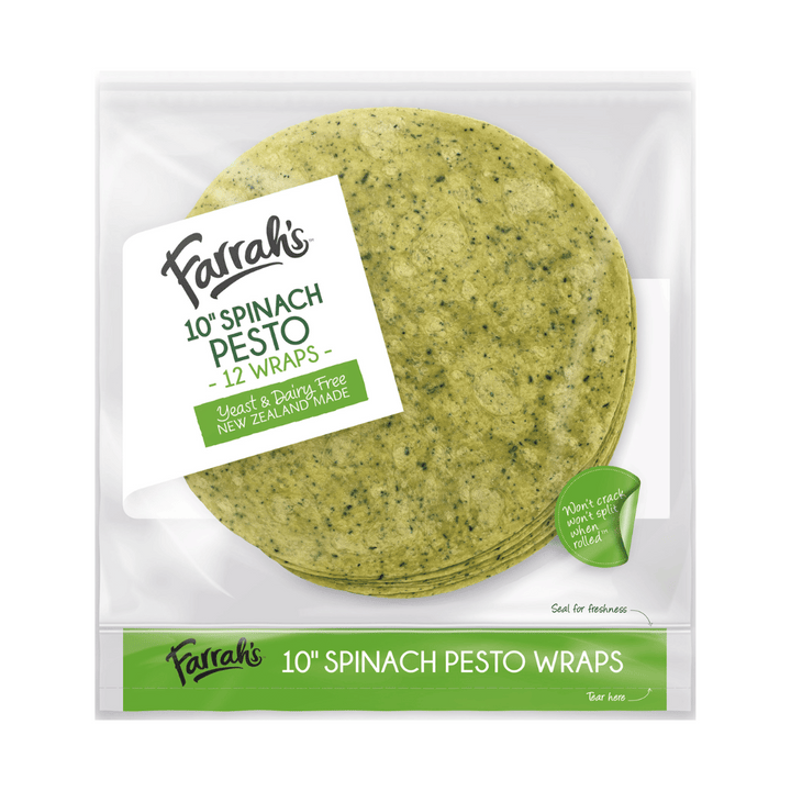 Farrahs Spinach Pesto Wraps | Auckland Grocery Delivery Get Farrahs Spinach Pesto Wraps delivered to your doorstep by your local Auckland grocery delivery. Shop Paddock To Pantry. Convenient online food shopping in NZ | Grocery Delivery Auckland | Grocery Delivery Nationwide | Fruit Baskets NZ | Online Food Shopping NZ Farrahs Spinach Pesto Wraps are flavoured using real vegetables & herbs like spinach, garlic, basil and parsley ̵̶ flavours that you can taste and smell.