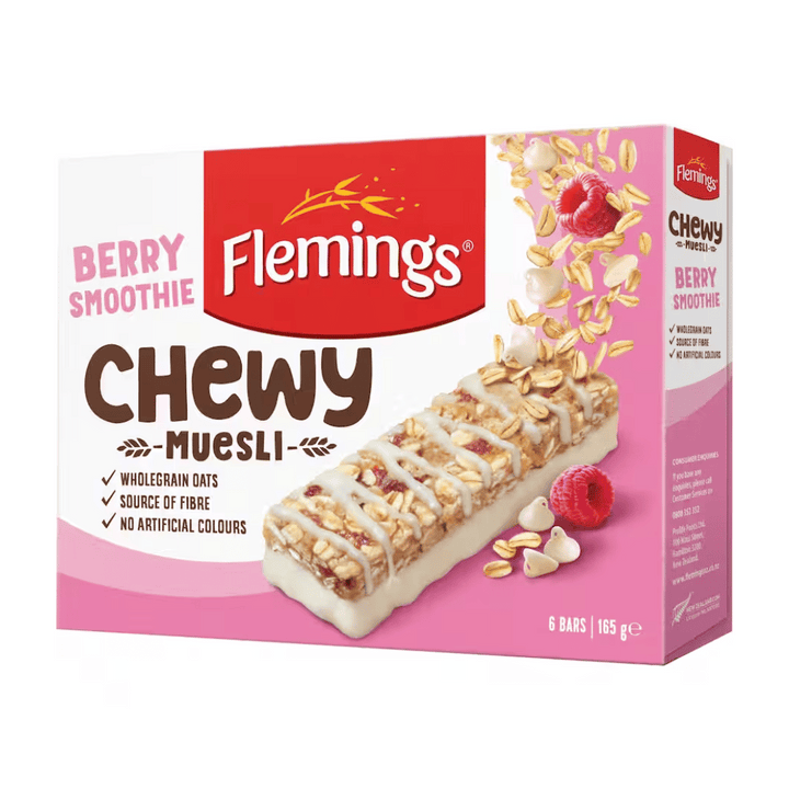 Flemmings Muesli Bars Berry Smooth 165g | Auckland Grocery Delivery Get Flemmings Muesli Bars Berry Smooth 165g delivered to your doorstep by your local Auckland grocery delivery. Shop Paddock To Pantry. Convenient online food shopping in NZ | Grocery Delivery Auckland | Grocery Delivery Nationwide | Fruit Baskets NZ | Online Food Shopping NZ Flemings Muesli Bars Berry Smoothie 165g A delicious berry & yoghurt flavoured muesli bar. The goodness of oats with a sweet yoghurt choc swirl. 