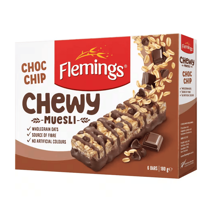 Flemmings Choc Chip M/Bar 180g | Auckland Grocery Delivery Get Flemmings Choc Chip M/Bar 180g delivered to your doorstep by your local Auckland grocery delivery. Shop Paddock To Pantry. Convenient online food shopping in NZ | Grocery Delivery Auckland | Grocery Delivery Nationwide | Fruit Baskets NZ | Online Food Shopping NZ Flemings Choc Chip Muesli Bar 180g A delicious chocolate flavoured muesli bar, with the goodness of oats and sprinkled with decadent choc chips. 