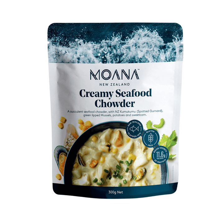 Moana Creamy Seafood Chowder 300g | Auckland Grocery Delivery Get Moana Creamy Seafood Chowder 300g delivered to your doorstep by your local Auckland grocery delivery. Shop Paddock To Pantry. Convenient online food shopping in NZ | Grocery Delivery Auckland | Grocery Delivery Nationwide | Fruit Baskets NZ | Online Food Shopping NZ Moana Creamy Seafood Chowder is packed with succulent seafood, including sustainably sourced fish and tender prawns, all blended into a smooth, creamy broth.