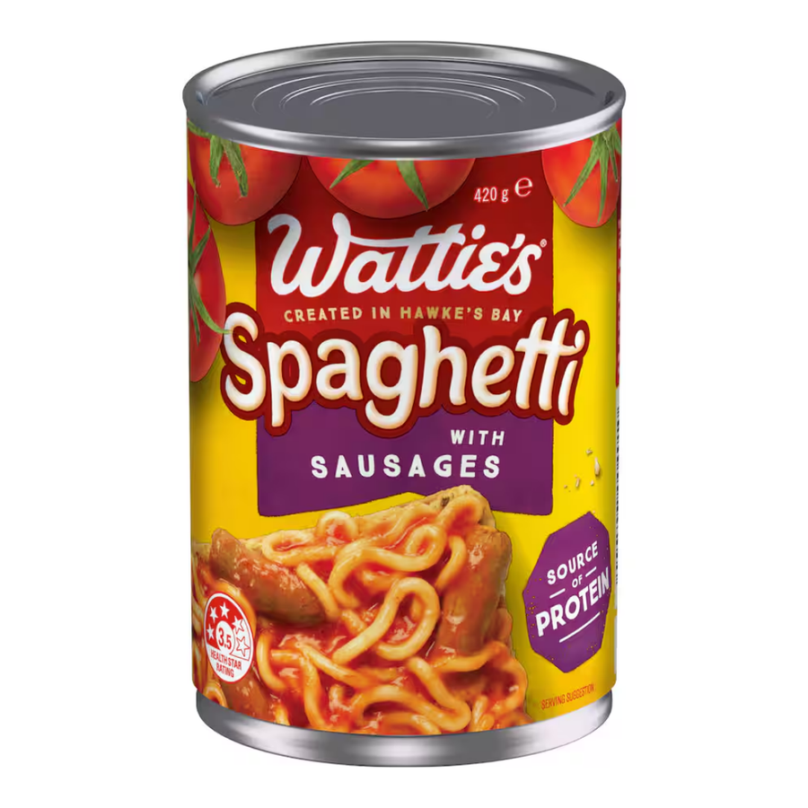 Watties Spaghetti with Sausages | Auckland Grocery Delivery Get Watties Spaghetti with Sausages delivered to your doorstep by your local Auckland grocery delivery. Shop Paddock To Pantry. Convenient online food shopping in NZ | Grocery Delivery Auckland | Grocery Delivery Nationwide | Fruit Baskets NZ | Online Food Shopping NZ Watties Spaghetti with Sausages 420g New Zealand's favourite saucy spaghetti just got even better, now with added sausages delivered to you at home!