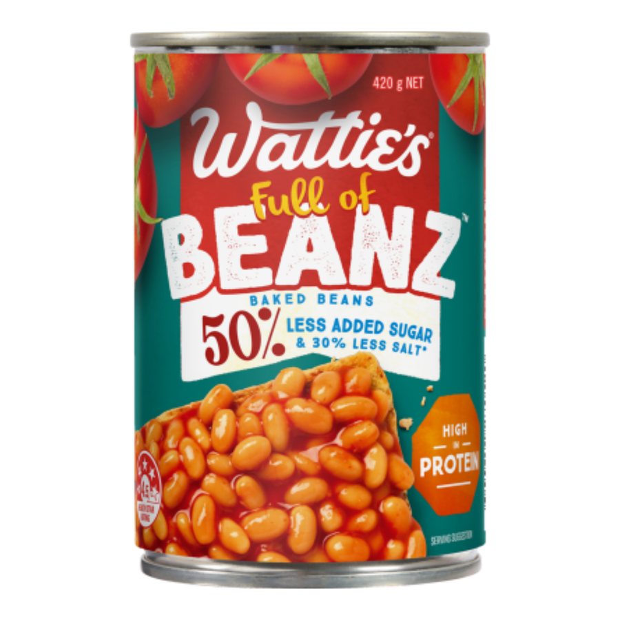 Watties Baked Beans with 50% Less Sugar | Auckland Grocery Delivery Get Watties Baked Beans with 50% Less Sugar delivered to your doorstep by your local Auckland grocery delivery. Shop Paddock To Pantry. Convenient online food shopping in NZ | Grocery Delivery Auckland | Grocery Delivery Nationwide | Fruit Baskets NZ | Online Food Shopping NZ Watties Baked Beans with 50% Less Sugar 420g The same great Wattie's® baked bean taste now with 50% less added sugar and 30% less salt!