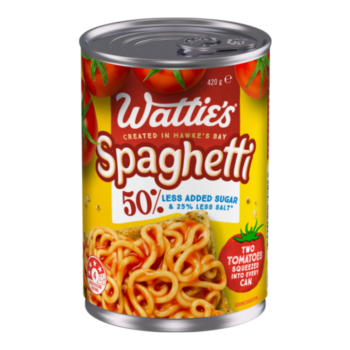 Watties Spaghetti 50% Less Added Sugar | Auckland Grocery Delivery Get Watties Spaghetti 50% Less Added Sugar delivered to your doorstep by your local Auckland grocery delivery. Shop Paddock To Pantry. Convenient online food shopping in NZ | Grocery Delivery Auckland | Grocery Delivery Nationwide | Fruit Baskets NZ | Online Food Shopping NZ Watties Spaghetti 50% Less Added Sugar With two tomatoes squeezed into every can and 50% less added sugar this Wattie’s® Spaghetti is nothing but yum.