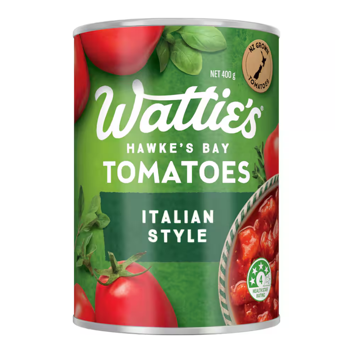 Watties Italian Style Tomatoes | Auckland Grocery Delivery Get Watties Italian Style Tomatoes delivered to your doorstep by your local Auckland grocery delivery. Shop Paddock To Pantry. Convenient online food shopping in NZ | Grocery Delivery Auckland | Grocery Delivery Nationwide | Fruit Baskets NZ | Online Food Shopping NZ Watties Italian Style Tomatoes 400g. These vibrant New Zealand grown tomatoes have been blended with oregano, basil, thyme and marjoram!