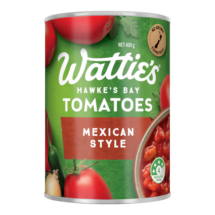 Watties Mexican Style Tomatoes | Auckland Grocery Delivery Get Watties Mexican Style Tomatoes delivered to your doorstep by your local Auckland grocery delivery. Shop Paddock To Pantry. Convenient online food shopping in NZ | Grocery Delivery Auckland | Grocery Delivery Nationwide | Fruit Baskets NZ | Online Food Shopping NZ Watties Mexican Style Tomatoes 400g New Zealand grown diced & pureed tomatoes, blended with onion, jalapeo peppers and spices. 