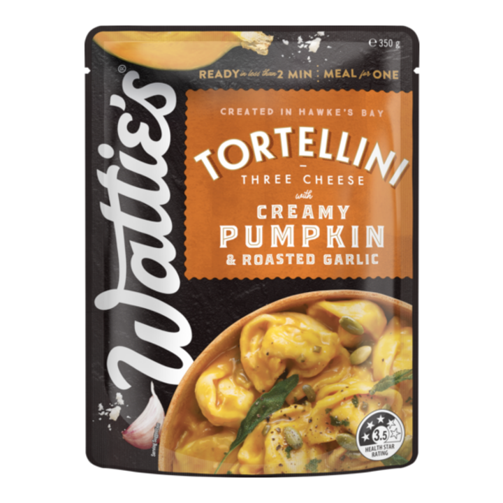 Watties Creamy Pumpkin and Roasted Garlic Tortellini | Auckland Grocery Delivery Get Watties Creamy Pumpkin and Roasted Garlic Tortellini delivered to your doorstep by your local Auckland grocery delivery. Shop Paddock To Pantry. Convenient online food shopping in NZ | Grocery Delivery Auckland | Grocery Delivery Nationwide | Fruit Baskets NZ | Online Food Shopping NZ Creamy Pumpkin and Roasted Garlic Tortellini is a delicious meal for one that is high in protein. Just heat up and eat!