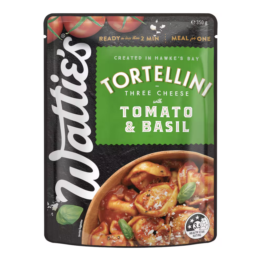 Watties Italian Style Tomato and Basil Tortellini | Auckland Grocery Delivery Get Watties Italian Style Tomato and Basil Tortellini delivered to your doorstep by your local Auckland grocery delivery. Shop Paddock To Pantry. Convenient online food shopping in NZ | Grocery Delivery Auckland | Grocery Delivery Nationwide | Fruit Baskets NZ | Online Food Shopping NZ Watties Italian Style Tomato and Bacon Tortellini 350g A tasty three cheese tortellini combined with a tomato and basil sauce and cooked to perfect