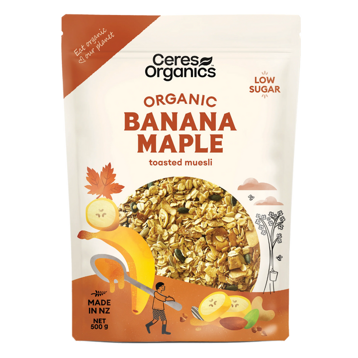 Ceres Organic Banana Maple Toased Muesli 500g | Auckland Grocery Delivery Get Ceres Organic Banana Maple Toased Muesli 500g delivered to your doorstep by your local Auckland grocery delivery. Shop Paddock To Pantry. Convenient online food shopping in NZ | Grocery Delivery Auckland | Grocery Delivery Nationwide | Fruit Baskets NZ | Online Food Shopping NZ Indulge in the luxury of Ceres Organic Banana Maple Toasted Muesli, a perfect blend of crunchy oats, nuts, and seeds.