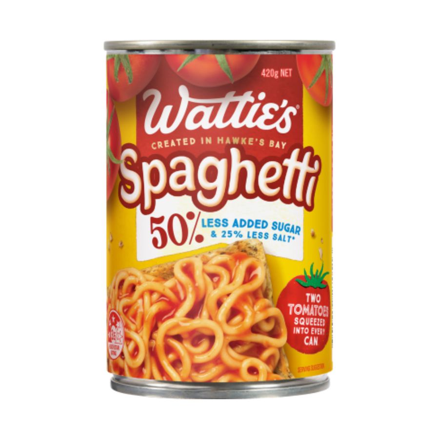 Watties Spaghetti 50% Less Added Sugar | Auckland Grocery Delivery Get Watties Spaghetti 50% Less Added Sugar delivered to your doorstep by your local Auckland grocery delivery. Shop Paddock To Pantry. Convenient online food shopping in NZ | Grocery Delivery Auckland | Grocery Delivery Nationwide | Fruit Baskets NZ | Online Food Shopping NZ Watties Spaghetti 50% Less Added Sugar With two tomatoes squeezed into every can and 50% less added sugar this Wattie’s® Spaghetti is nothing but yum.