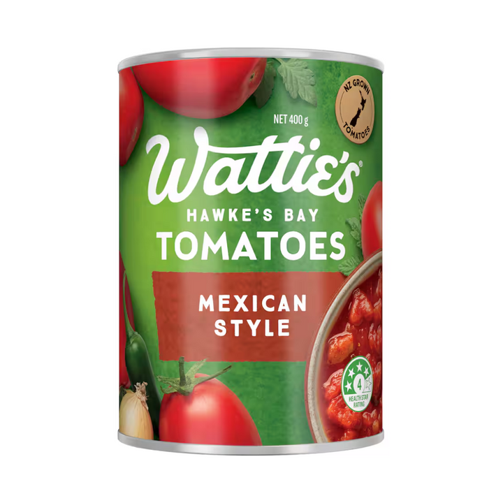 Watties Mexican Style Tomatoes | Auckland Grocery Delivery Get Watties Mexican Style Tomatoes delivered to your doorstep by your local Auckland grocery delivery. Shop Paddock To Pantry. Convenient online food shopping in NZ | Grocery Delivery Auckland | Grocery Delivery Nationwide | Fruit Baskets NZ | Online Food Shopping NZ Watties Mexican Style Tomatoes 400g New Zealand grown diced & pureed tomatoes, blended with onion, jalapeo peppers and spices. 