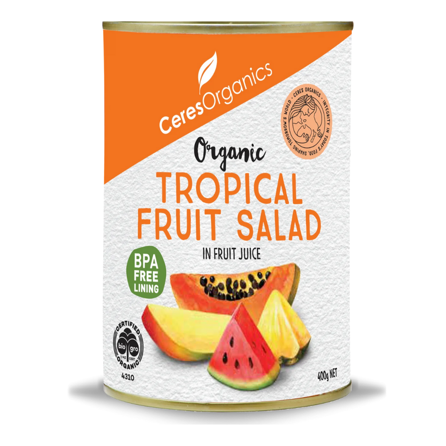 Ceres Organics Tropical Fruit Salad | Auckland Grocery Delivery Get Ceres Organics Tropical Fruit Salad delivered to your doorstep by your local Auckland grocery delivery. Shop Paddock To Pantry. Convenient online food shopping in NZ | Grocery Delivery Auckland | Grocery Delivery Nationwide | Fruit Baskets NZ | Online Food Shopping NZ Pineapple, mango, papaya and watermelon and packed them with organic fruit juice into cans with BPA free lining. Just straight up goodness with no added sugar! 