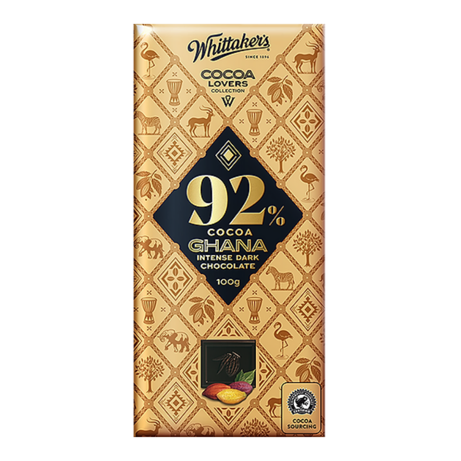 Whittaker's 92% Intense Dark Ghana 100g | Auckland Grocery Delivery Get Whittaker's 92% Intense Dark Ghana 100g delivered to your doorstep by your local Auckland grocery delivery. Shop Paddock To Pantry. Convenient online food shopping in NZ | Grocery Delivery Auckland | Grocery Delivery Nationwide | Fruit Baskets NZ | Online Food Shopping NZ 92% Intense Dark Ghana 100g Whittaker’s 92% Intense Dark Ghana is a bold, deeply rich chocolate experience for true dark chocolate lovers. 