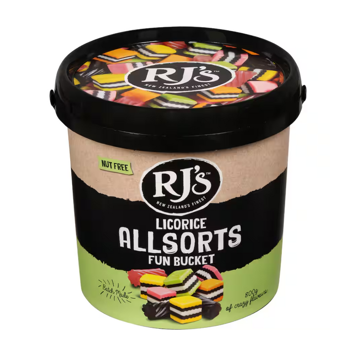 RJ's Licorice Allsorts Fun Bucket | Auckland Grocery Delivery Get RJ's Licorice Allsorts Fun Bucket delivered to your doorstep by your local Auckland grocery delivery. Shop Paddock To Pantry. Convenient online food shopping in NZ | Grocery Delivery Auckland | Grocery Delivery Nationwide | Fruit Baskets NZ | Online Food Shopping NZ RJ’s Licorice Allsorts bucket with 2x400g bags, packed with fruity flavours. NZ made & available with convenient online grocery delivery NZ wide.