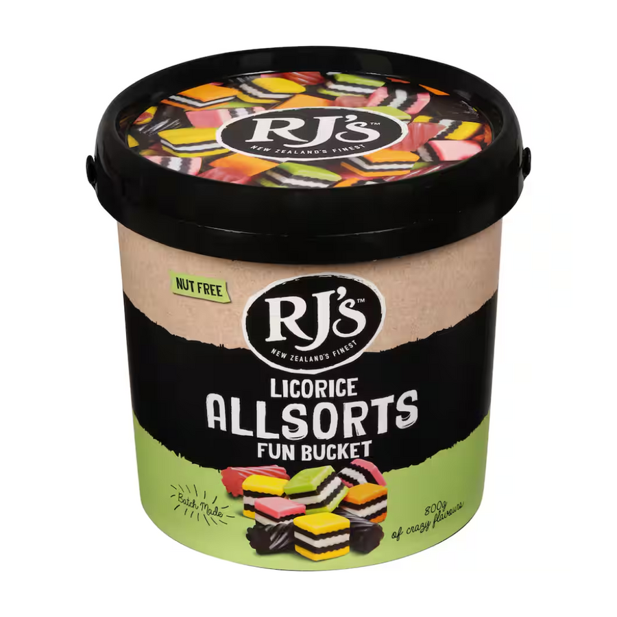 RJ's Licorice Allsorts Fun Bucket | Auckland Grocery Delivery Get RJ's Licorice Allsorts Fun Bucket delivered to your doorstep by your local Auckland grocery delivery. Shop Paddock To Pantry. Convenient online food shopping in NZ | Grocery Delivery Auckland | Grocery Delivery Nationwide | Fruit Baskets NZ | Online Food Shopping NZ RJ’s Licorice Allsorts bucket with 2x400g bags, packed with fruity flavours. NZ made & available with convenient online grocery delivery NZ wide.