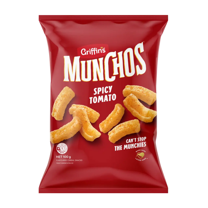 Griffins Munchos Spicy Tomato 100g | Auckland Grocery Delivery Get Griffins Munchos Spicy Tomato 100g delivered to your doorstep by your local Auckland grocery delivery. Shop Paddock To Pantry. Convenient online food shopping in NZ | Grocery Delivery Auckland | Grocery Delivery Nationwide | Fruit Baskets NZ | Online Food Shopping NZ Crunchy corn snacks with bold spicy tomato flavour. Grab Griffin’s Munchos 100g at Paddock to Pantry – NZ’s online snack stop.