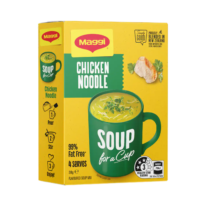 Maggi Soup For a Cup Chicken Noodle 4 pack | Auckland Grocery Delivery Get Maggi Soup For a Cup Chicken Noodle 4 pack delivered to your doorstep by your local Auckland grocery delivery. Shop Paddock To Pantry. Convenient online food shopping in NZ | Grocery Delivery Auckland | Grocery Delivery Nationwide | Fruit Baskets NZ | Online Food Shopping NZ Indulge in MAGGI Soup in a Cup Chicken Noodle, a rich and 99% fat-free soup made with real chicken broth. 
