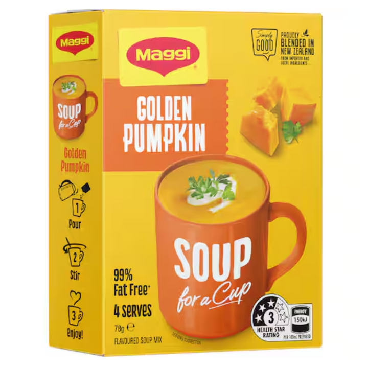 Maggi Soup For A Cup Golden Pumpkin 4 Pack | Auckland Grocery Delivery Get Maggi Soup For A Cup Golden Pumpkin 4 Pack delivered to your doorstep by your local Auckland grocery delivery. Shop Paddock To Pantry. Convenient online food shopping in NZ | Grocery Delivery Auckland | Grocery Delivery Nationwide | Fruit Baskets NZ | Online Food Shopping NZ 