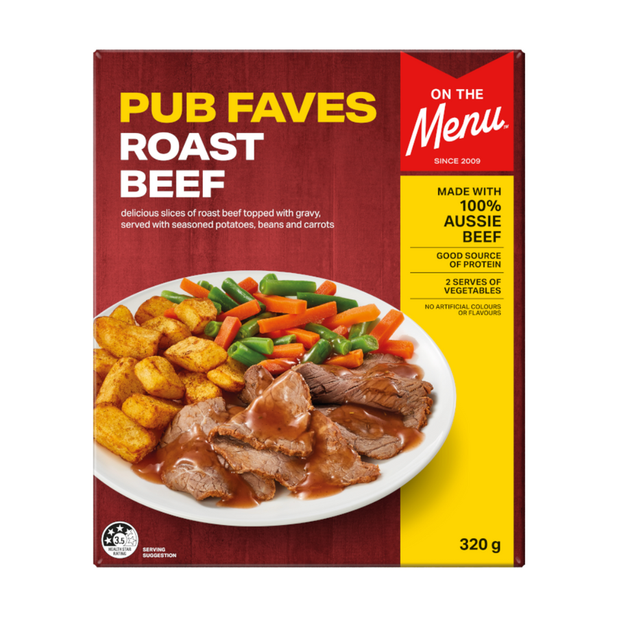 Watties On The Menu Roast Beef 320g | Auckland Grocery Delivery Get Watties On The Menu Roast Beef 320g delivered to your doorstep by your local Auckland grocery delivery. Shop Paddock To Pantry. Convenient online food shopping in NZ | Grocery Delivery Auckland | Grocery Delivery Nationwide | Fruit Baskets NZ | Online Food Shopping NZ Succulent 100% Aussie roast beef in rich gravy, high in protein. Ready-to-heat and perfect for convenient online grocery delivery NZ-wide.