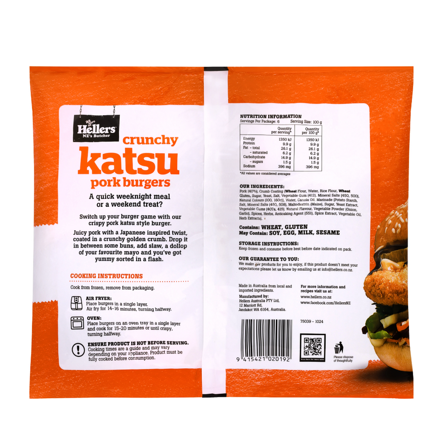 Hellers Katsu Pork Burger 600g | Auckland Grocery Delivery Get Hellers Katsu Pork Burger 600g delivered to your doorstep by your local Auckland grocery delivery. Shop Paddock To Pantry. Convenient online food shopping in NZ | Grocery Delivery Auckland | Grocery Delivery Nationwide | Fruit Baskets NZ | Online Food Shopping NZ Crispy pork katsu burgers coated in golden crumb. Buy online from NZ's favourite online butcher with fast nationwide grocery and meat delivery.