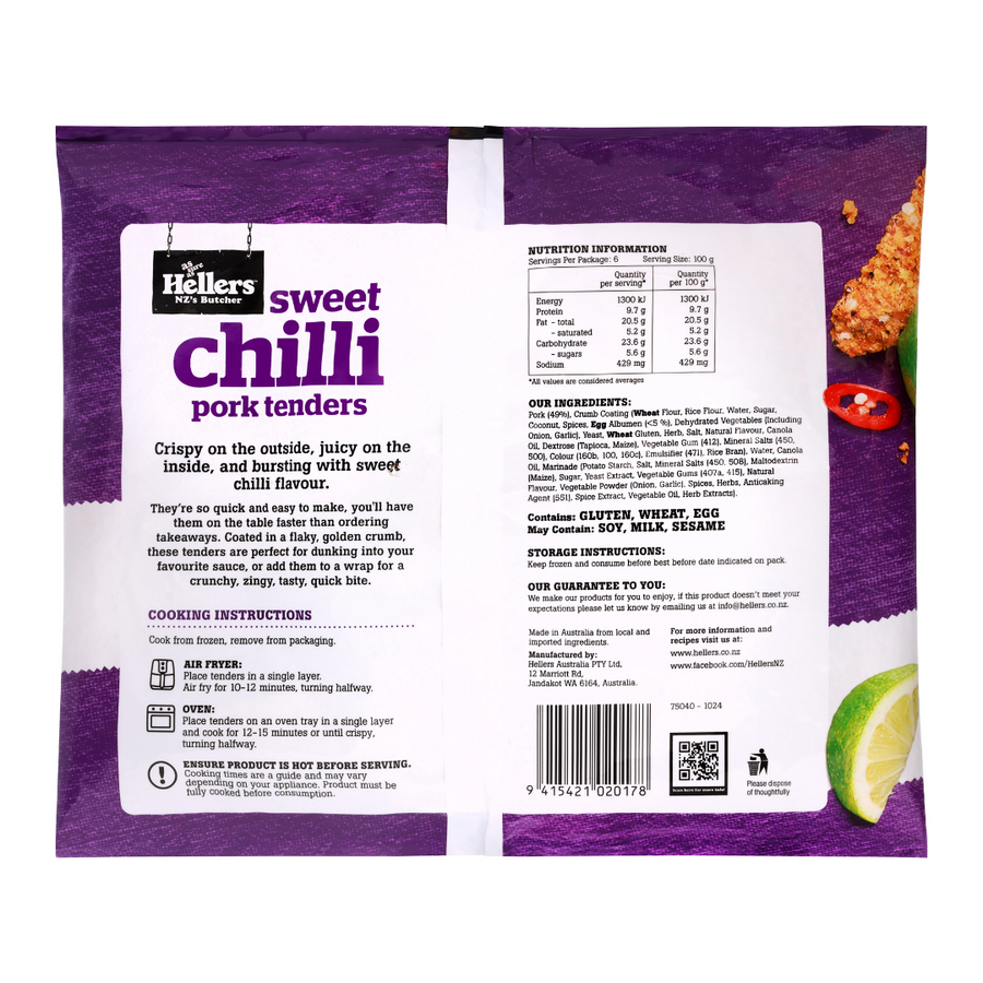 Hellers Sweet Chilli Pork Tenders 600g | Auckland Grocery Delivery Get Hellers Sweet Chilli Pork Tenders 600g delivered to your doorstep by your local Auckland grocery delivery. Shop Paddock To Pantry. Convenient online food shopping in NZ | Grocery Delivery Auckland | Grocery Delivery Nationwide | Fruit Baskets NZ | Online Food Shopping NZ Juicy sweet chilli pork tenders in a golden crumb. Shop online at NZ's favourite meat delivery store. Fast, fresh, nationwide grocery delivery.