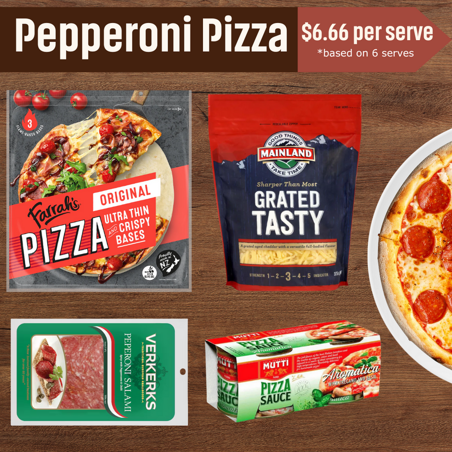Pepperoni Pizza Bundle | Auckland Grocery Delivery Get Pepperoni Pizza Bundle delivered to your doorstep by your local Auckland grocery delivery. Shop Paddock To Pantry. Convenient online food shopping in NZ | Grocery Delivery Auckland | Grocery Delivery Nationwide | Fruit Baskets NZ | Online Food Shopping NZ Make pizza night easy with our Pepperoni Pizza Meal Bundle! Includes crispy bases, sauce, cheese & pepperoni. Delivered fresh NZ-wide. Online grocery made easy.