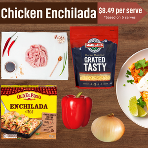 Chicken Enchiladas Bundle | Auckland Grocery Delivery Get Chicken Enchiladas Bundle delivered to your doorstep by your local Auckland grocery delivery. Shop Paddock To Pantry. Convenient online food shopping in NZ | Grocery Delivery Auckland | Grocery Delivery Nationwide | Fruit Baskets NZ | Online Food Shopping NZ Make the easy recipe cheesy chicken enchiladas! This bundle includes chicken, sauce, cheese & fresh veg. Quick, tasty & family-friendly dinner solution.