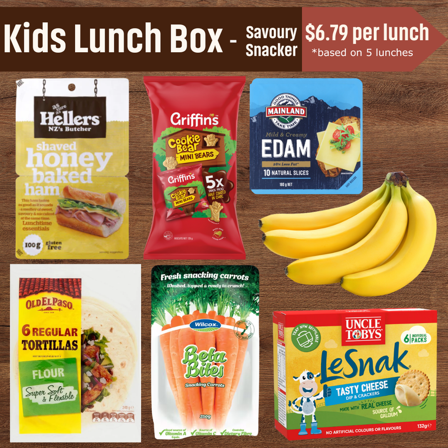 School Lunch Box - Savoury Snacker | Auckland Grocery Delivery Get School Lunch Box - Savoury Snacker delivered to your doorstep by your local Auckland grocery delivery. Shop Paddock To Pantry. Convenient online food shopping in NZ | Grocery Delivery Auckland | Grocery Delivery Nationwide | Fruit Baskets NZ | Online Food Shopping NZ Ready-to-pack savoury school lunch box bundle with ham, cheese, wraps, snacks, fruit & more. Easy, tasty, kid-friendly lunches made simple.