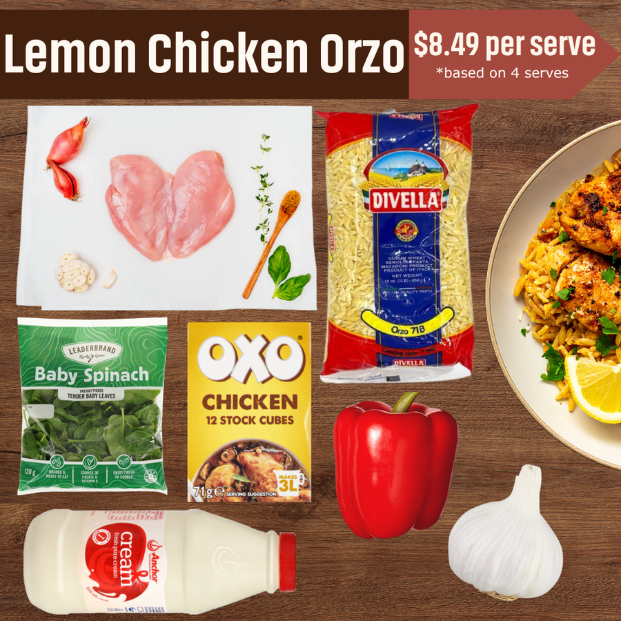 Lemon Chicken Orzo Bundle | Auckland Grocery Delivery Get Lemon Chicken Orzo Bundle delivered to your doorstep by your local Auckland grocery delivery. Shop Paddock To Pantry. Convenient online food shopping in NZ | Grocery Delivery Auckland | Grocery Delivery Nationwide | Fruit Baskets NZ | Online Food Shopping NZ Lemon Chicken Orzo dinner kit – easy, fresh meal bundle with chicken, orzo & veggies. Quick dinner idea, perfect for family meals or weeknight cooking.