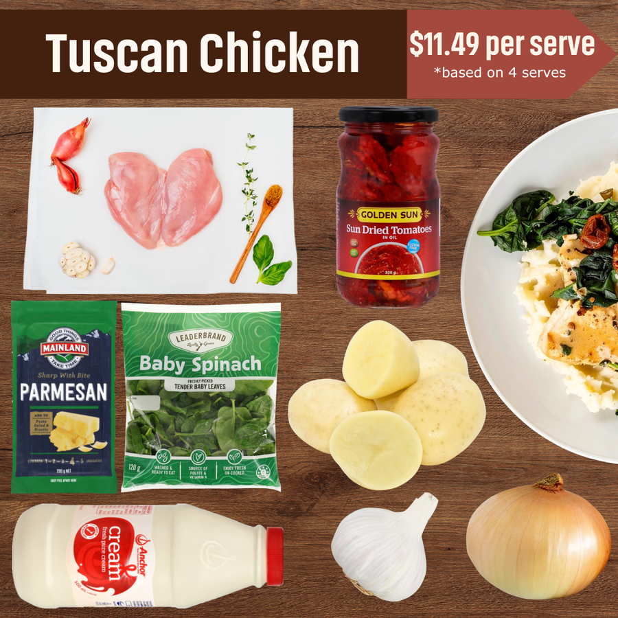 Tuscan Chicken With Mash Potato Bundle | Auckland Grocery Delivery Get Tuscan Chicken With Mash Potato Bundle delivered to your doorstep by your local Auckland grocery delivery. Shop Paddock To Pantry. Convenient online food shopping in NZ | Grocery Delivery Auckland | Grocery Delivery Nationwide | Fruit Baskets NZ | Online Food Shopping NZ Tuscan Chicken with creamy mash – an easy dinner meal bundle with fresh chicken, herbs, and veggies. Quick, delicious and delivered to your door.