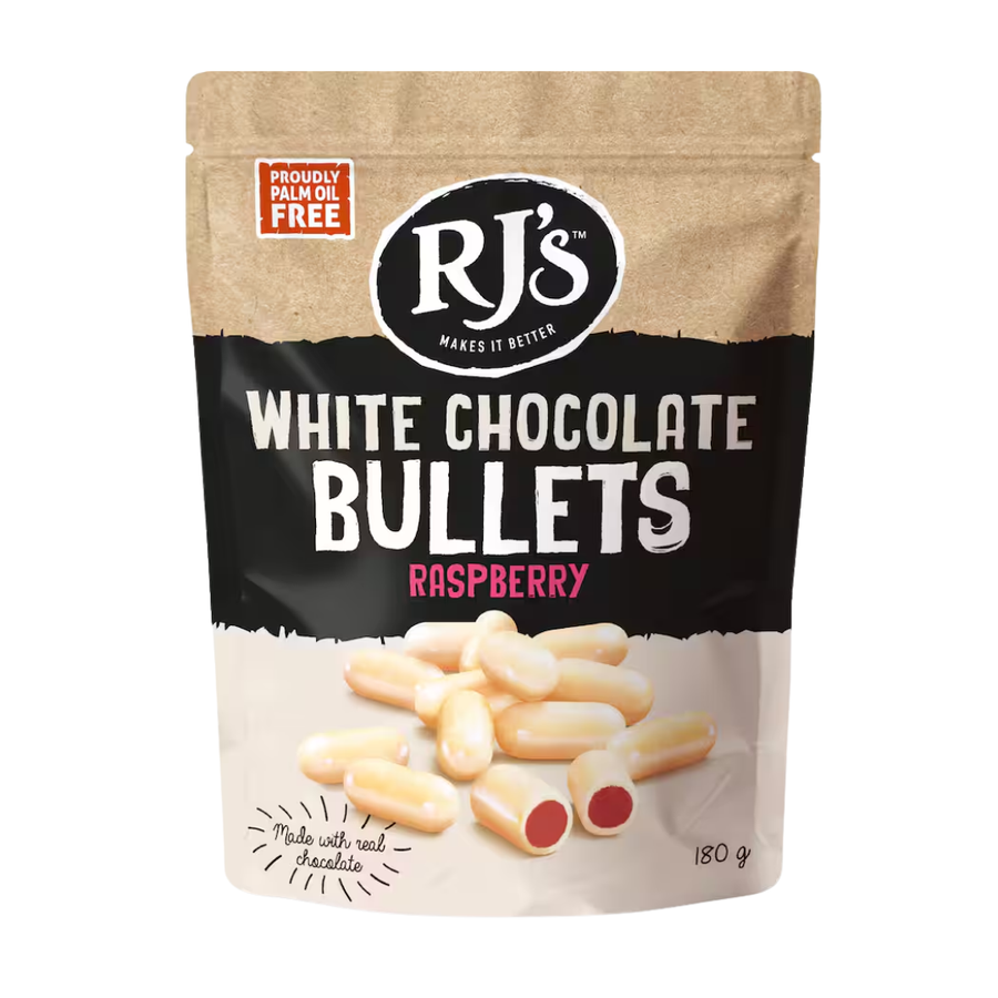 RJ’s White Chocolate Raspberry Bullets 220g | Auckland Grocery Delivery Get RJ’s White Chocolate Raspberry Bullets 220g delivered to your doorstep by your local Auckland grocery delivery. Shop Paddock To Pantry. Convenient online food shopping in NZ | Grocery Delivery Auckland | Grocery Delivery Nationwide | Fruit Baskets NZ | Online Food Shopping NZ Shop RJ’s White Choc Raspberry Bullets online. Grocery delivery NZ-wide with great value, fast shipping & all your pantry favourites in one place
