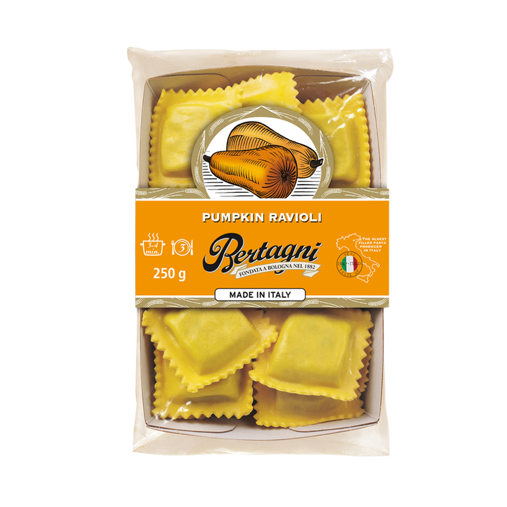 Bertagni Pumpkin Ravioli 250g | Auckland Grocery Delivery Get Bertagni Pumpkin Ravioli 250g delivered to your doorstep by your local Auckland grocery delivery. Shop Paddock To Pantry. Convenient online food shopping in NZ | Grocery Delivery Auckland | Grocery Delivery Nationwide | Fruit Baskets NZ | Online Food Shopping NZ Simplicity of Italian cuisine, the fresh filled pasta are simple to prepare, ensuring an authentic Italian meal on the table in minutes | Auckland Food Delivery