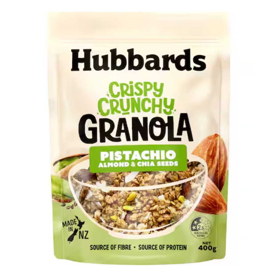 Hubbards Crispy Crunchy Granola Pistachio Almond Chia | Auckland Grocery Delivery Get Hubbards Crispy Crunchy Granola Pistachio Almond Chia delivered to your doorstep by your local Auckland grocery delivery. Shop Paddock To Pantry. Convenient online food shopping in NZ | Grocery Delivery Auckland | Grocery Delivery Nationwide | Fruit Baskets NZ | Online Food Shopping NZ Pistachio, almond & chia granola packed with crunch and flavour. Get it delivered from our online grocery store—great value, no supermarket