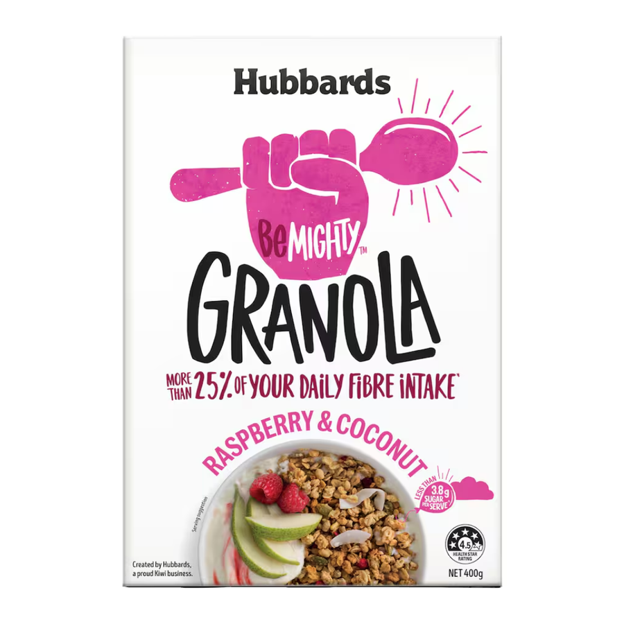 Hubbards BeMighty Granola Raspberry Coconut | Auckland Grocery Delivery Get Hubbards BeMighty Granola Raspberry Coconut delivered to your doorstep by your local Auckland grocery delivery. Shop Paddock To Pantry. Convenient online food shopping in NZ | Grocery Delivery Auckland | Grocery Delivery Nationwide | Fruit Baskets NZ | Online Food Shopping NZ BeMighty Granola with raspberry & coconut. A crunchy, fibre-rich breakfast delivered nationwide from your trusted online grocery store.