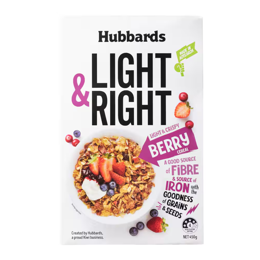 Hubbards Light and Right Berry | Auckland Grocery Delivery Get Hubbards Light and Right Berry delivered to your doorstep by your local Auckland grocery delivery. Shop Paddock To Pantry. Convenient online food shopping in NZ | Grocery Delivery Auckland | Grocery Delivery Nationwide | Fruit Baskets NZ | Online Food Shopping NZ A lighter berry cereal packed with flavour. Shop Hubbards Light & Right Berry online with NZ-wide grocery delivery from Paddock to Pantry.