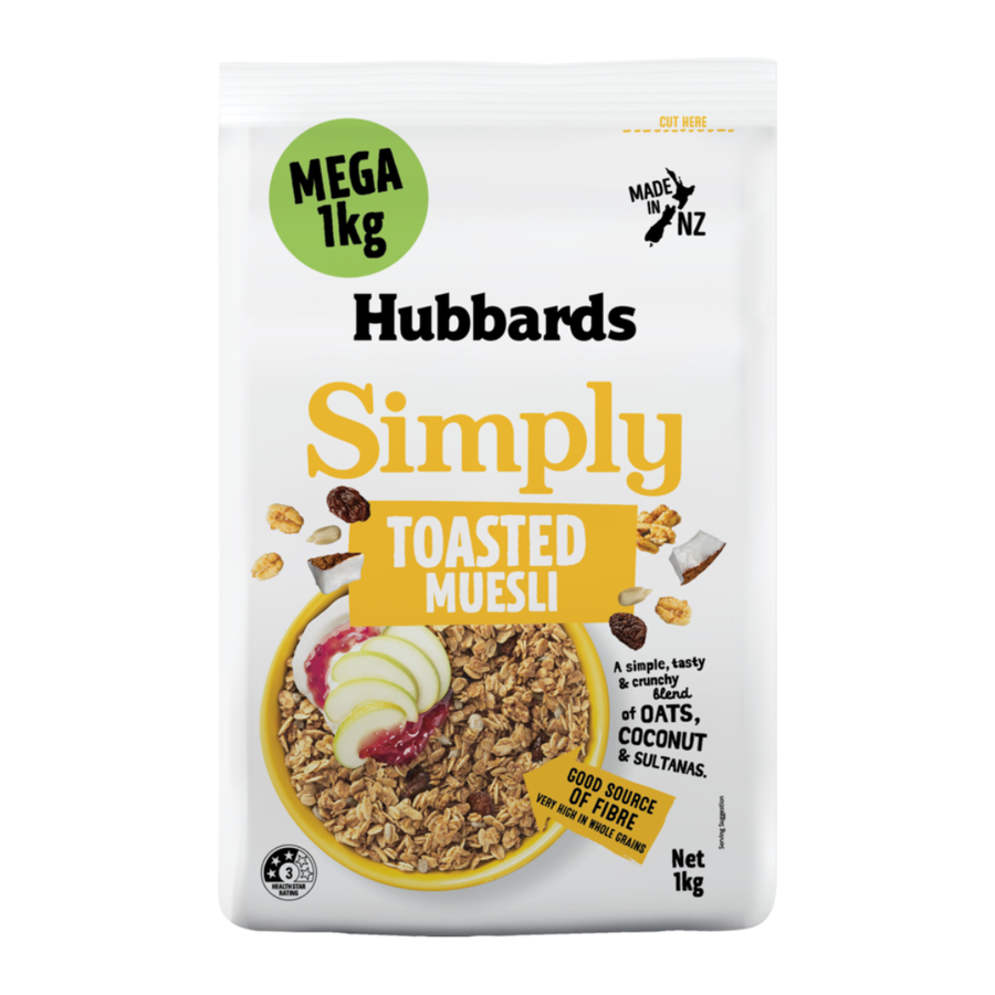 Hubbards Simply Mega Toasted Muesli | Auckland Grocery Delivery Get Hubbards Simply Mega Toasted Muesli delivered to your doorstep by your local Auckland grocery delivery. Shop Paddock To Pantry. Convenient online food shopping in NZ | Grocery Delivery Auckland | Grocery Delivery Nationwide | Fruit Baskets NZ | Online Food Shopping NZ Crunchy oat, coconut & sultana muesli. High fibre, wholegrain breakfast. Great value NZ grocery delivery from our online supermarket.