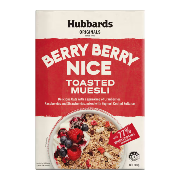 Hubbards Original Muesli Berry Berry Nice | Auckland Grocery Delivery Get Hubbards Original Muesli Berry Berry Nice delivered to your doorstep by your local Auckland grocery delivery. Shop Paddock To Pantry. Convenient online food shopping in NZ | Grocery Delivery Auckland | Grocery Delivery Nationwide | Fruit Baskets NZ | Online Food Shopping NZ Berry-packed toasted muesli with oats and fibre. A fruity NZ breakfast favourite. Order now from our online grocery delivery service.
