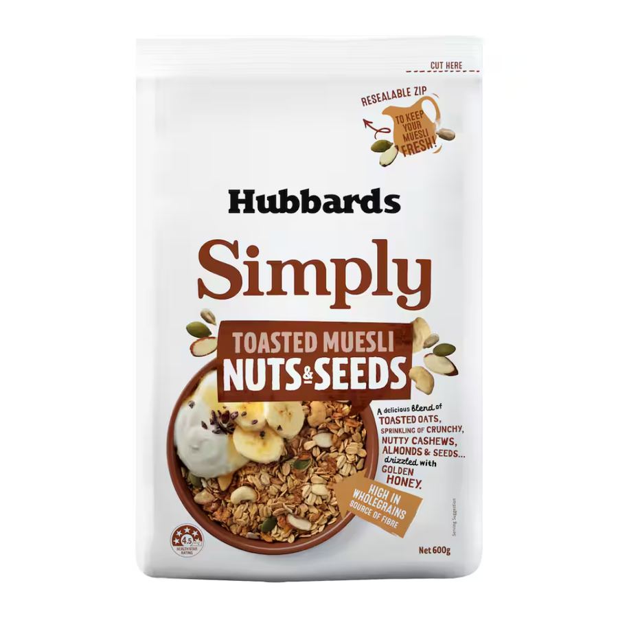 Hubbards Simply Muesli Toasted Nuts and Seeds | Auckland Grocery Delivery Get Hubbards Simply Muesli Toasted Nuts and Seeds delivered to your doorstep by your local Auckland grocery delivery. Shop Paddock To Pantry. Convenient online food shopping in NZ | Grocery Delivery Auckland | Grocery Delivery Nationwide | Fruit Baskets NZ | Online Food Shopping NZ Shop Hubbard's Simply Toasted Muesli Nuts & Seeds. High in wholegrains and fibre, this healthy breakfast is delivered to your door with online grocery stor
