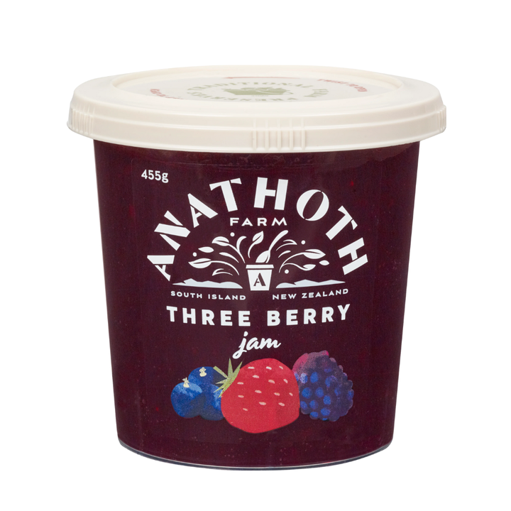 Anathoth Farm Three Berry Jam | Auckland Grocery Delivery Get Anathoth Farm Three Berry Jam delivered to your doorstep by your local Auckland grocery delivery. Shop Paddock To Pantry. Convenient online food shopping in NZ | Grocery Delivery Auckland | Grocery Delivery Nationwide | Fruit Baskets NZ | Online Food Shopping NZ Shop Anathoth Farm Three Berry Jam 375g – made in NZ with real fruit. A rich blend of berries, gluten free and preservative free. Delivered nationwide.