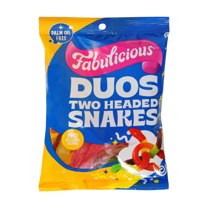 Fabulicious Duos Headed Snakes | Auckland Grocery Delivery Get Fabulicious Duos Headed Snakes delivered to your doorstep by your local Auckland grocery delivery. Shop Paddock To Pantry. Convenient online food shopping in NZ | Grocery Delivery Auckland | Grocery Delivery Nationwide | Fruit Baskets NZ | Online Food Shopping NZ Soft, chewy two-flavour gummy snakes packed with fruity sweetness. Perfect for snacking or parties. Shop Fabulicious lollies online NZ-wide.