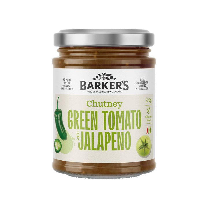 Barkers Green Tomato with Jalapeño Chutney | Auckland Grocery Delivery Get Barkers Green Tomato with Jalapeño Chutney delivered to your doorstep by your local Auckland grocery delivery. Shop Paddock To Pantry. Convenient online food shopping in NZ | Grocery Delivery Auckland | Grocery Delivery Nationwide | Fruit Baskets NZ | Online Food Shopping NZ Tangy green tomato chutney with a mild jalapeño kick. Perfect for cheese boards, meats, and sandwiches. Shop Barkers chutneys online NZ-wide.