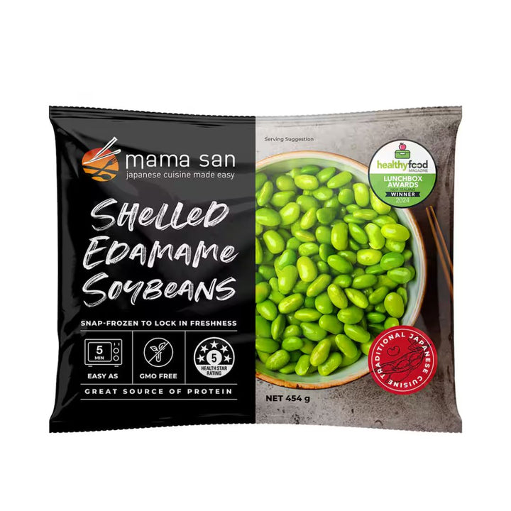 Mama San Shelled Edamame Beans | Auckland Grocery Delivery Get Mama San Shelled Edamame Beans delivered to your doorstep by your local Auckland grocery delivery. Shop Paddock To Pantry. Convenient online food shopping in NZ | Grocery Delivery Auckland | Grocery Delivery Nationwide | Fruit Baskets NZ | Online Food Shopping NZ MamaSan Shelled Edamame 454g. High-protein soybeans are perfect for salads, stir-fries & healthy snacks. Frozen for freshness. NZ delivery.