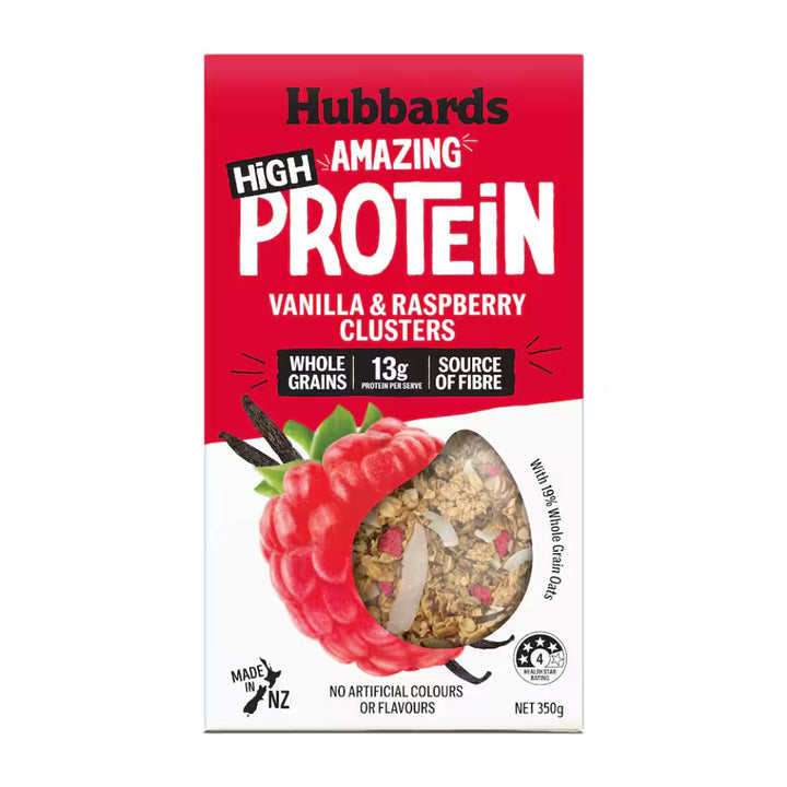 Hubbards High Protein Vanilla and Raspberry Clusters | Auckland Grocery Delivery Get Hubbards High Protein Vanilla and Raspberry Clusters delivered to your doorstep by your local Auckland grocery delivery. Shop Paddock To Pantry. Convenient online food shopping in NZ | Grocery Delivery Auckland | Grocery Delivery Nationwide | Fruit Baskets NZ | Online Food Shopping NZ Hubbards High Protein Vanilla & Raspberry Clusters cereal. Crunchy high-protein breakfast with fruity flavour. NZ delivery.