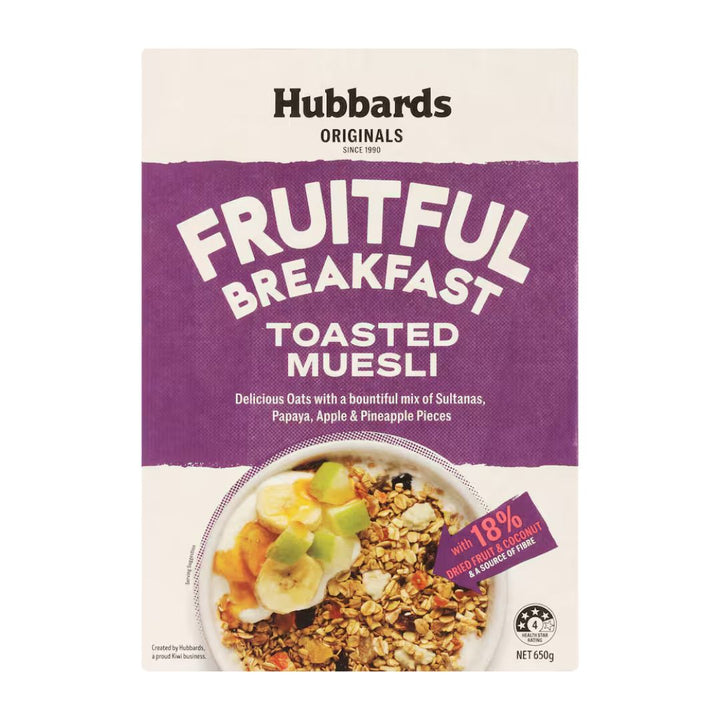 Hubbards Fruitful Breakfast Toasted Muesli | Auckland Grocery Delivery Get Hubbards Fruitful Breakfast Toasted Muesli delivered to your doorstep by your local Auckland grocery delivery. Shop Paddock To Pantry. Convenient online food shopping in NZ | Grocery Delivery Auckland | Grocery Delivery Nationwide | Fruit Baskets NZ | Online Food Shopping NZ Hubbards Fruitful Breakfast Toasted Muesli. Crunchy oats with dried fruit for a wholesome breakfast. NZ grocery delivery.