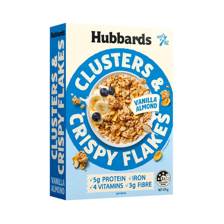 Hubbards Vanilla Almond Clusters & Crispy Flakes | Auckland Grocery Delivery Get Hubbards Vanilla Almond Clusters & Crispy Flakes delivered to your doorstep by your local Auckland grocery delivery. Shop Paddock To Pantry. Convenient online food shopping in NZ | Grocery Delivery Auckland | Grocery Delivery Nationwide | Fruit Baskets NZ | Online Food Shopping NZ Hubbards Vanilla Almond Clusters & Crispy Flakes cereal. Crunchy vanilla clusters with almonds. Delicious breakfast option. NZ delivery.